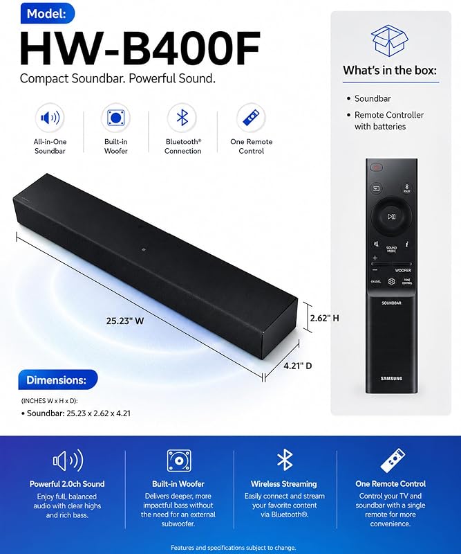 HW-QS710GF Q-Series 3.1.2 Canali Soundbar per TV, altoparlante TV con subwoofer wireless da 6,5", Dolby Atmos wireless e DTS:X, SpaceFit Sound, Q-Symphony [Versione Tedesca]