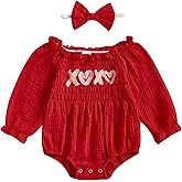 Lesimsam Newborn Baby Girl Valentines Outfit Embroidery Cotton Linen Smocked Bubble Romper Long Sleeve Bodysuit Headband