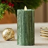 Luminara Selenite Looking Flameless Candle, Holiday Green 3" x 6.5", Battery Operated Real Wax Moving Flame LED Pillar w/Timer, Home Decor Unscented