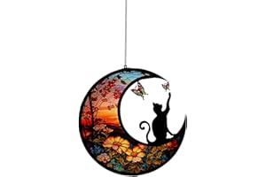 Homelavie Stain Glass Window Hanging, Cat Suncatcher Hanging Decor, Black Cat Catching Butterfly On Moon Halloween Decorations, Indoor Window Sun Catcher Panels for Cat Lovers Memorial Gift