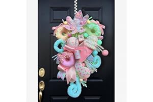 Retrowavy 18 Inch Pastel Christmas Teardrop Swag Decoration Xmas Candy Cane Tear Drop Swags Wreath with Ribbon Lollipop Sweet Donut Ice Cream Cake Curly Stem for Front Door Wall Fireplace Holiday