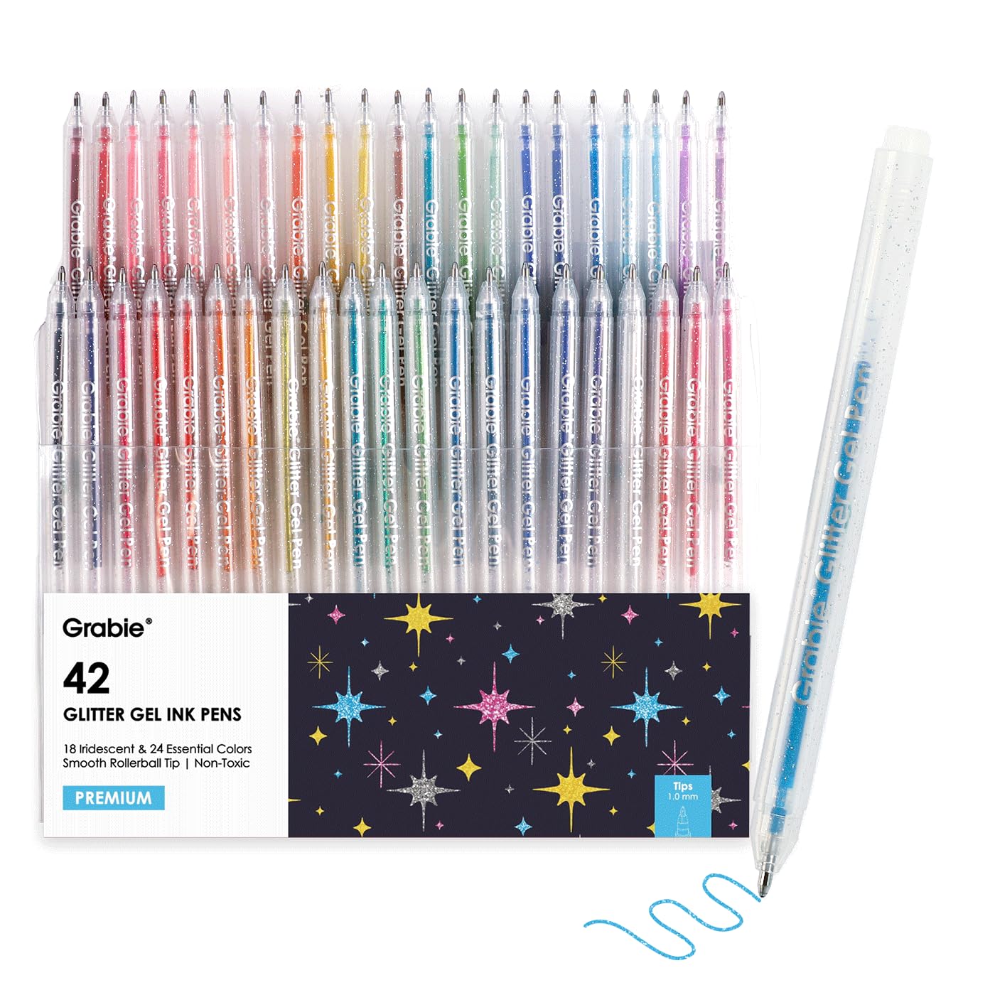 Photo 1 of Grabie 42 Glitter Gel Pen Set, 18 Iridescent&24 Essential Color Pens, Smooth Rollerball Tip, Metallic Sparkly Gel Pens for Coloring, Set of 42