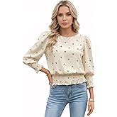 Lomehue Women Cinched Waist Tops Banded Bottom Puff Sleeve Smocked Top Chiffon Blouse Dressy Casual Outfits