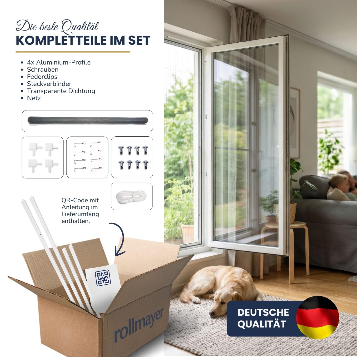 Rollmayer Fliegengitter Fenster Aluminiumrahmen Insektenschutz Fenster Selbstbausatz zuschneidbar stabiles Aluminium Moskitonetz Fliegenschutz einfache Montage (Weiß - 100 x 120 cm - BxH) 8