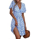 ETCYY NEW Womens Summer Dresses Slant Open V Neck Floral Printed Sundresses Flowy Dress Short Sleeve