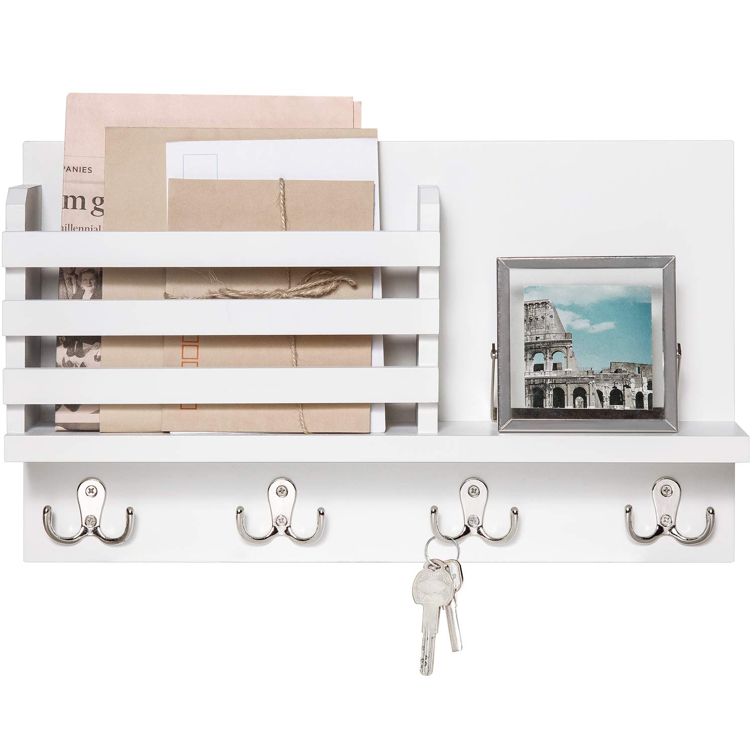 Photo 1 of Dahey Wall Mounted Mail Holder Wooden Key Holder Rack Mail Sorter Organizer with 4 Double Key Hooks and A Floating Shelf Rustic Home Decor for Entryway or Mudroom,15.7" W x9.3 Hx3.2 D, White