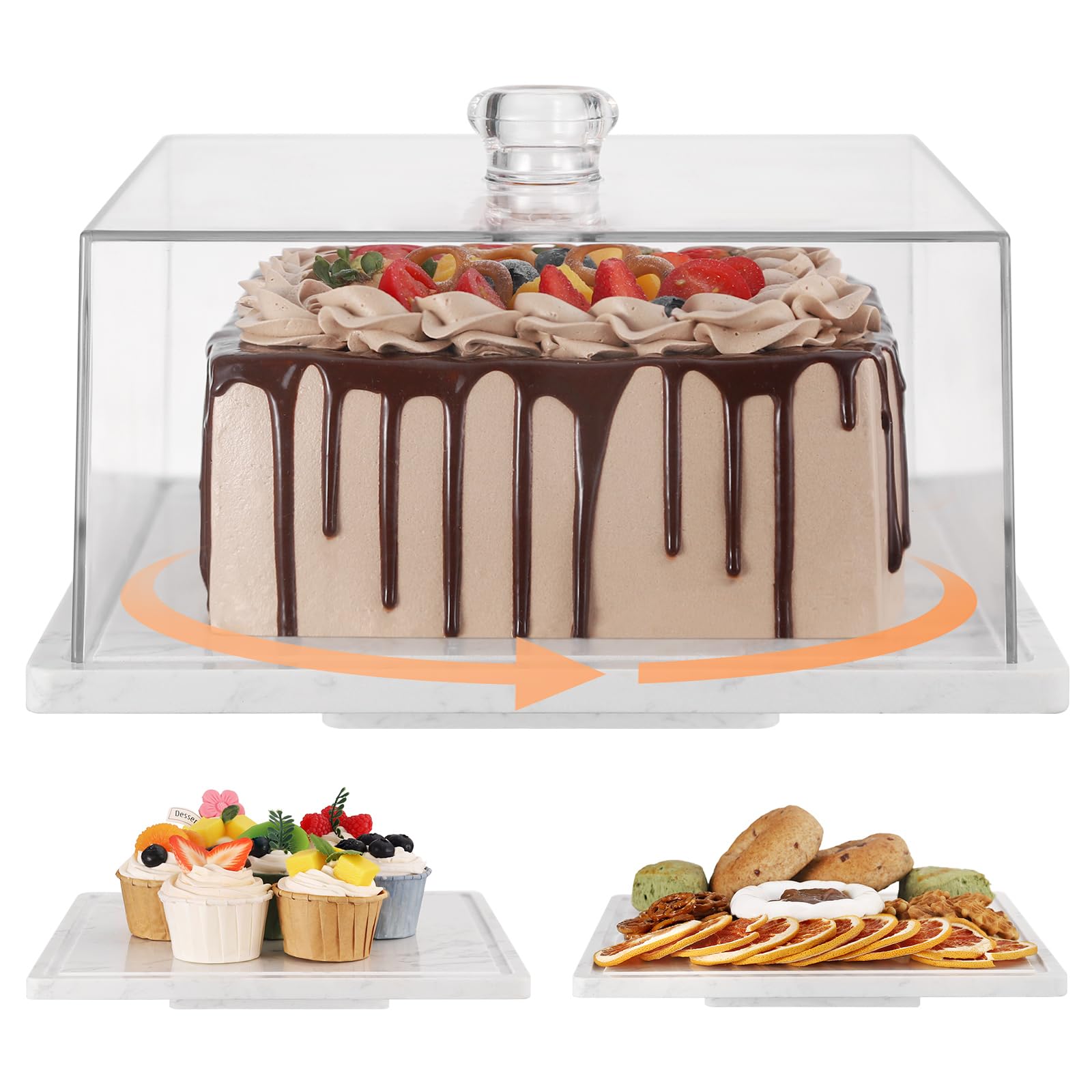 Photo 1 of (lid is damaged)(see images) Square Cake Stand with Lid 360° Rotatable Marble Cake Plate with Acrylic Dome?Stone Dessert Display Stand with Lid Cover 