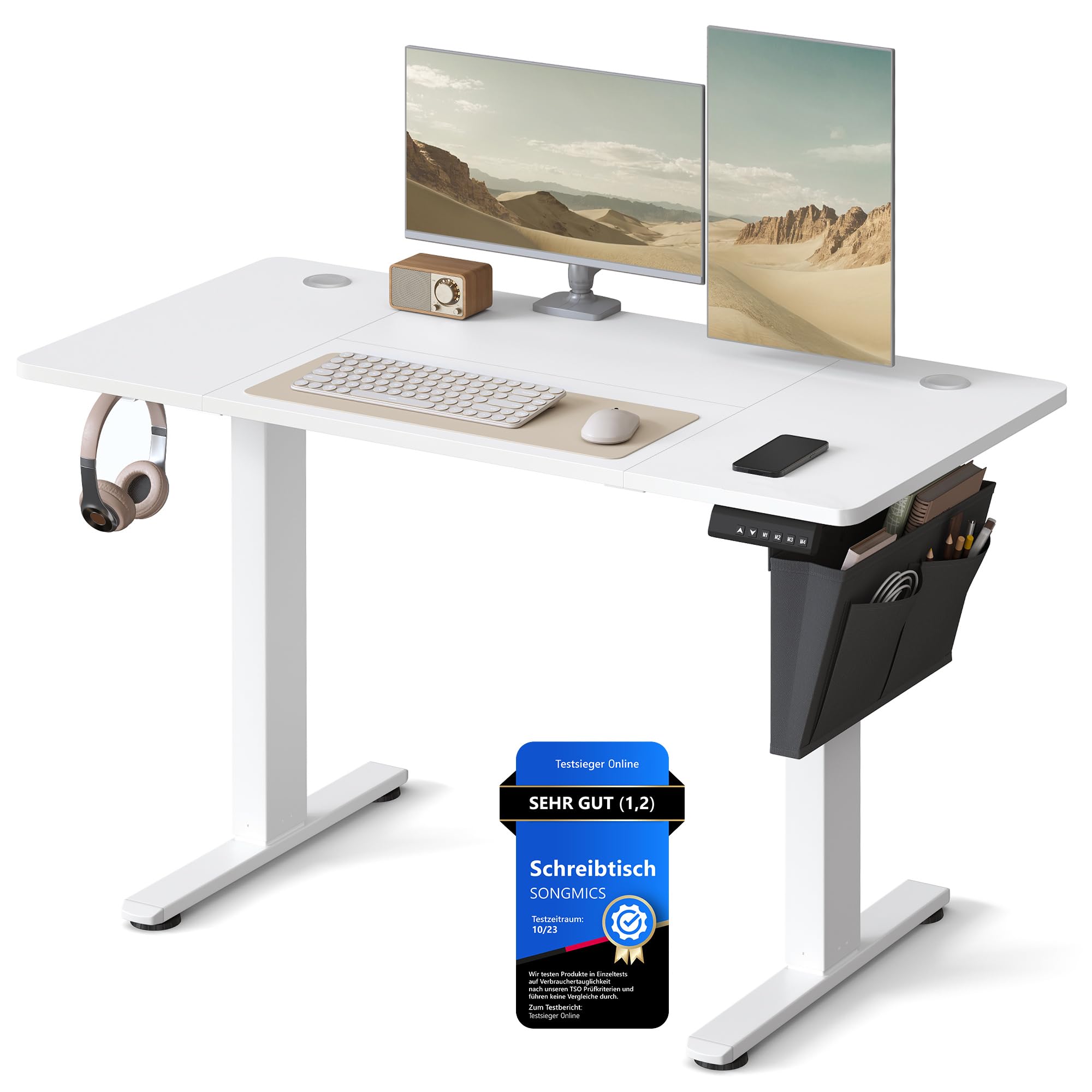 SONGMICS Höhenverstellbarer Schreibtisch elektrisch, 120 x 60 cm, Verstellbarer Tisch, Memory-Funktion für 4 Höhen, für Büro, wolkenweiß LSD132W01