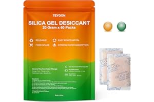 TEYOON 20 Gram 60 Packs Silica Gel Packets Food Grade Microwave Fast Reactivate Moisture Absorbers with Color Indicating, Premium Desiccant Packs for Food Spices Electronics Closet Jewelry Storage Tool Box