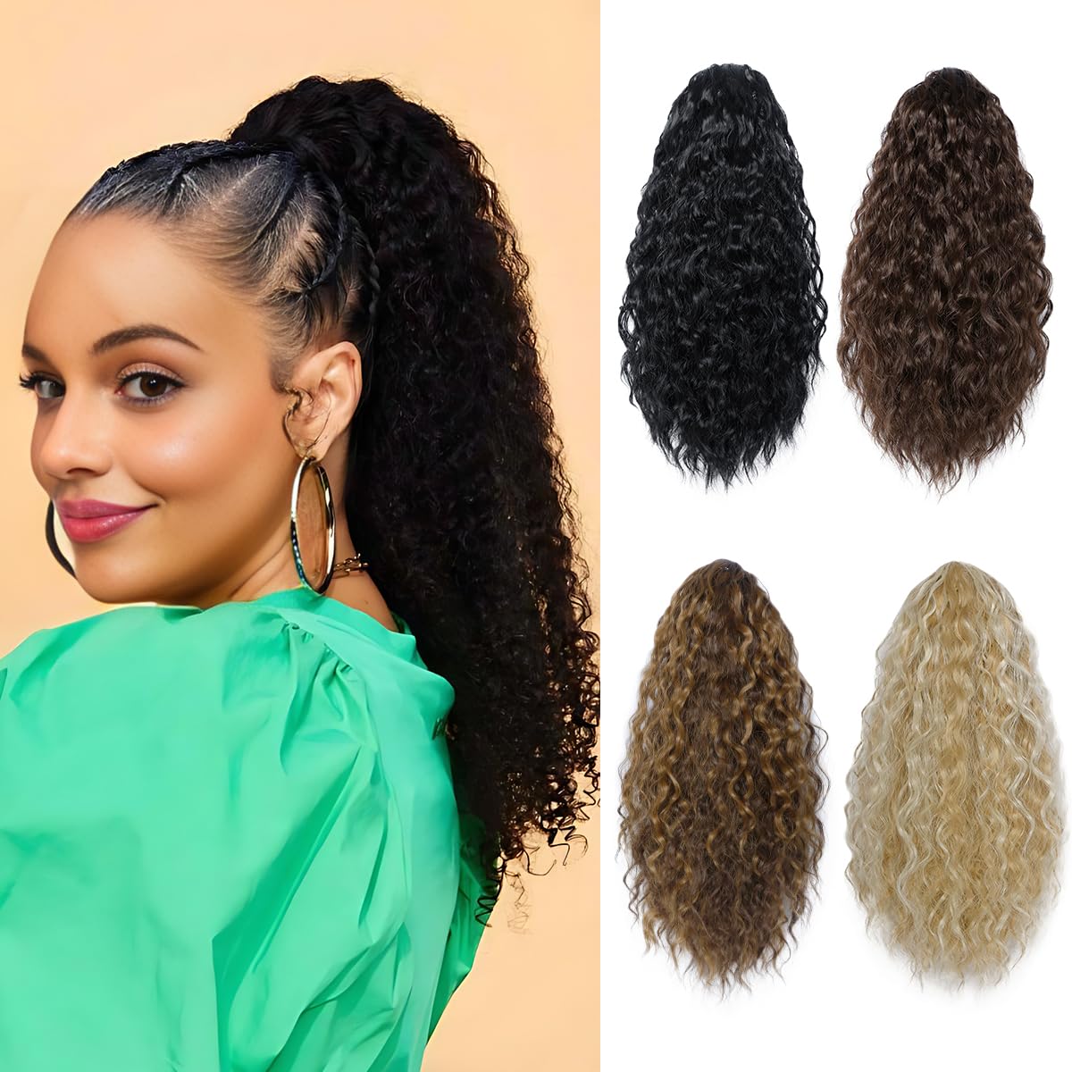 YAMEL Drawstring Ponytail Extension for Women Dark Blonde Mix Bleach Blonde Synthetic 14 Inch Short Wavy Clip in Ponytail Hair Extensions