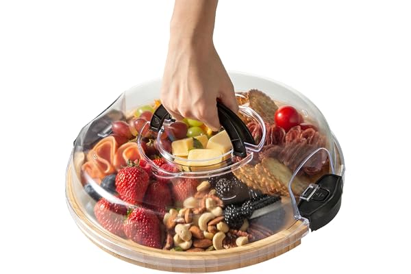 thetchry Charcuterie Board with Clear Lid,Travel Charcuterie Board with Single Compartment,Round Bamboo Portable Cheese Board