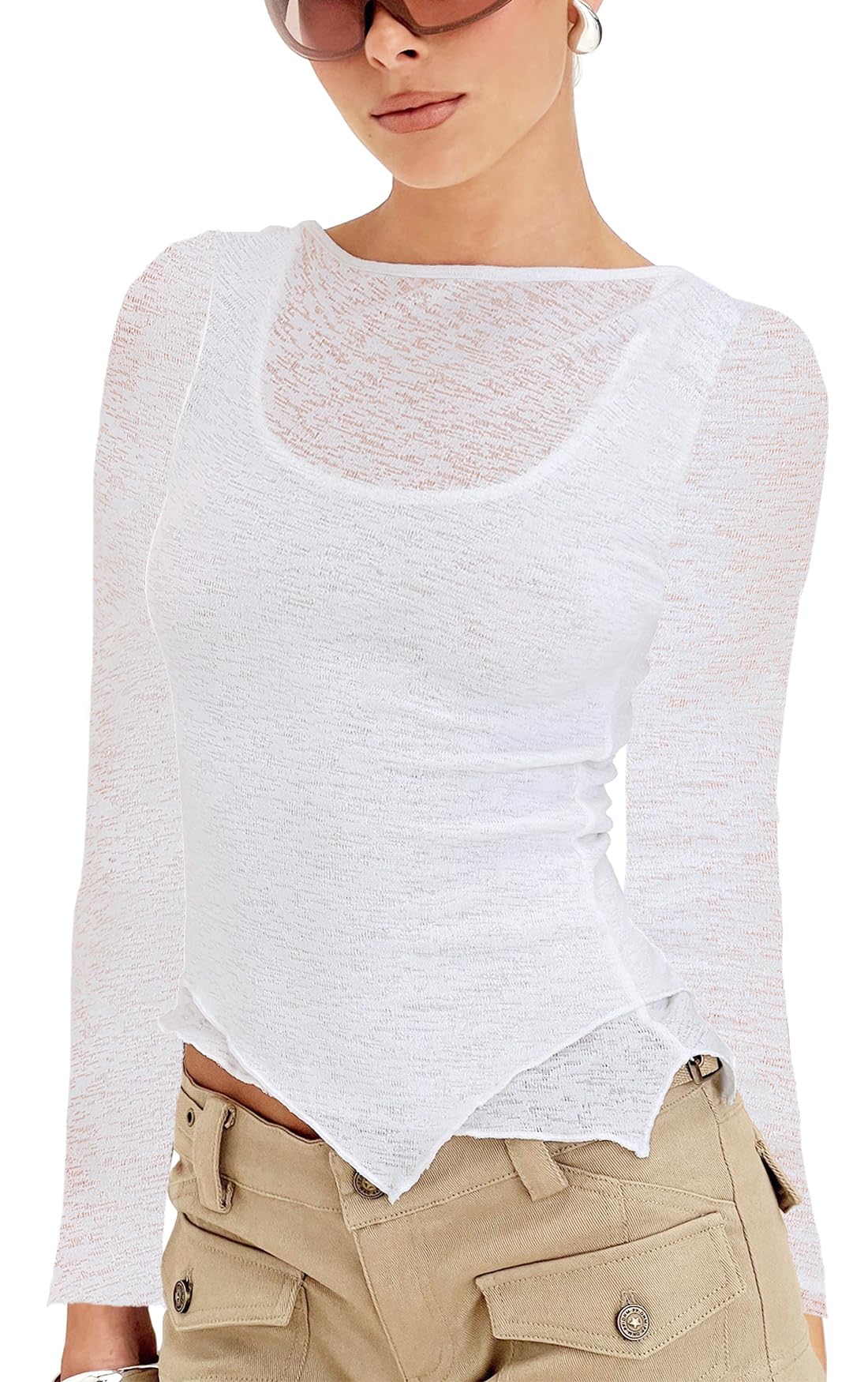 LIYOHON Women's Sexy Sheer Mesh Long Sleeve Tops Tight Fitted Casual Basic T Shirts 2025 Fall Night Going Out Outfits White-XL