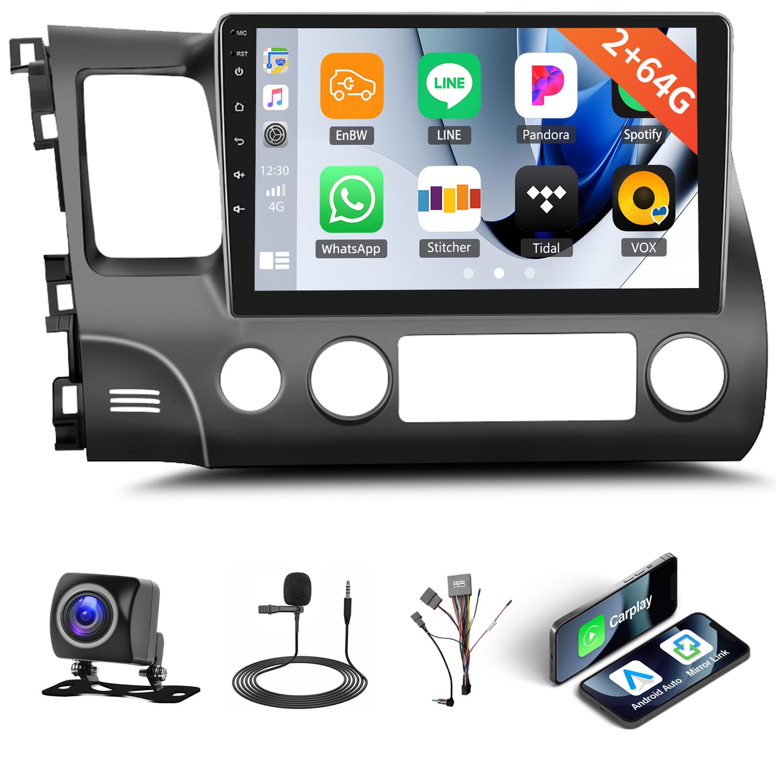 Photo 1 of 2+64G Car Stereo Radio for Honda Civic 2006-2011 with Wireless Carplay Android Auto,10.1" Android 15 Touchscreen Car Radio with WiFi GPS Mirror Link Bluetooth EQ FM RDS SWC + Backup Camera