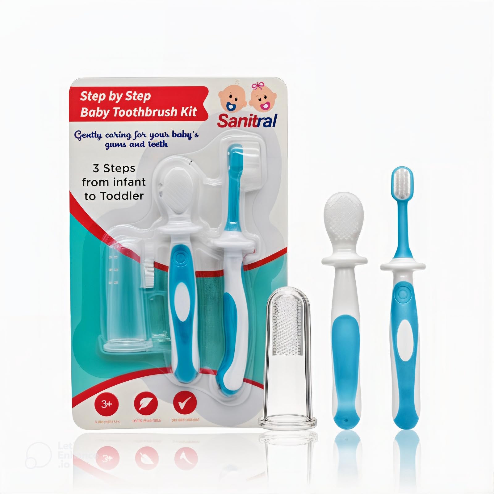 Sanitral Baby's First Toothbrush Kit - Step by Step 0-2 Years - Safety-Tested & BPA-Free 3-Pack (Finger, Silicone, Toddler Toothbrushes) - Blue