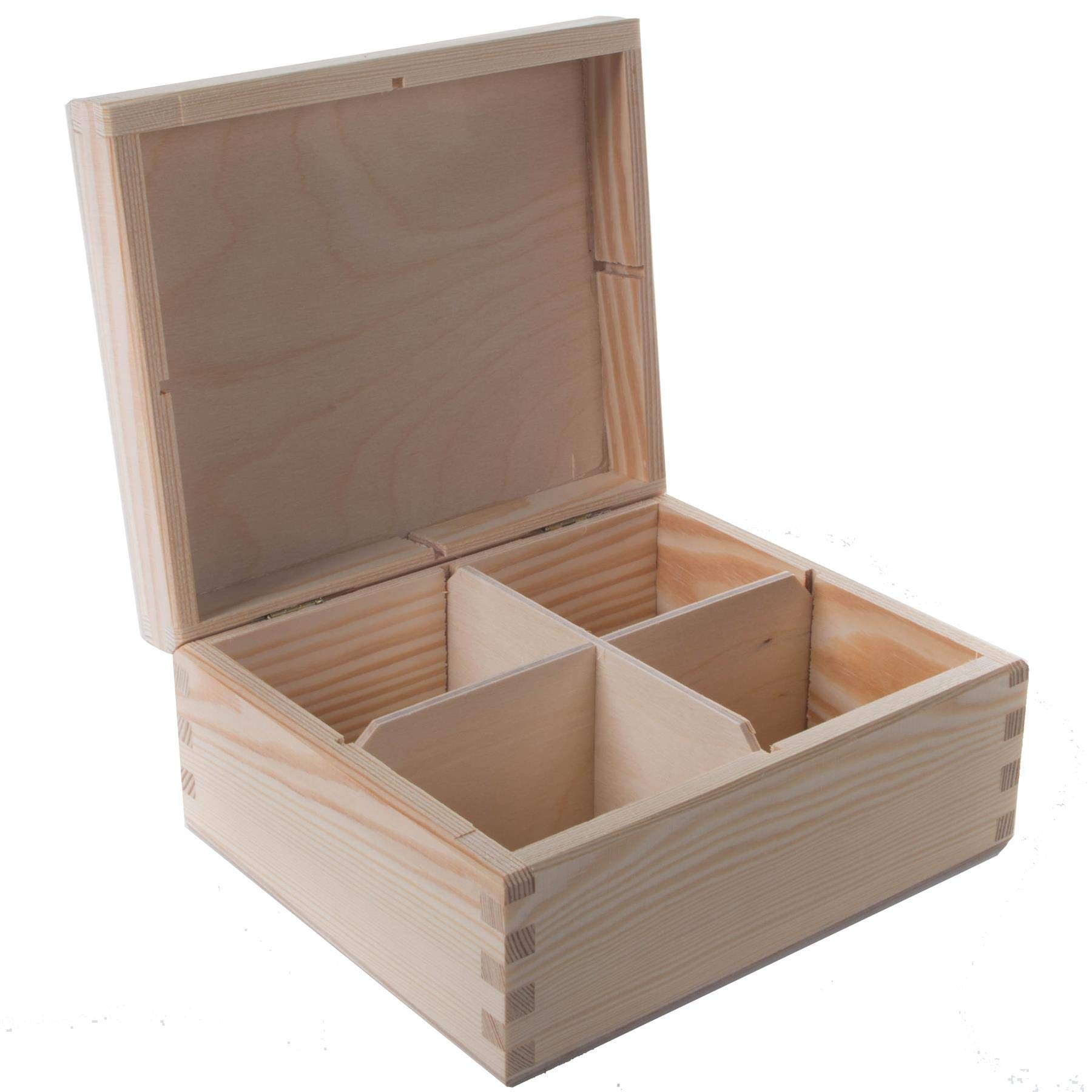 Wooden Decorative Box with 4 Compartments | 18 x 15.5 x 8 cm | Accessories Storage Case Tea Bag Sewing Jewellery Caddy Organiser Divided Sections| Natural Unpainted & Untreated Wood for Craft