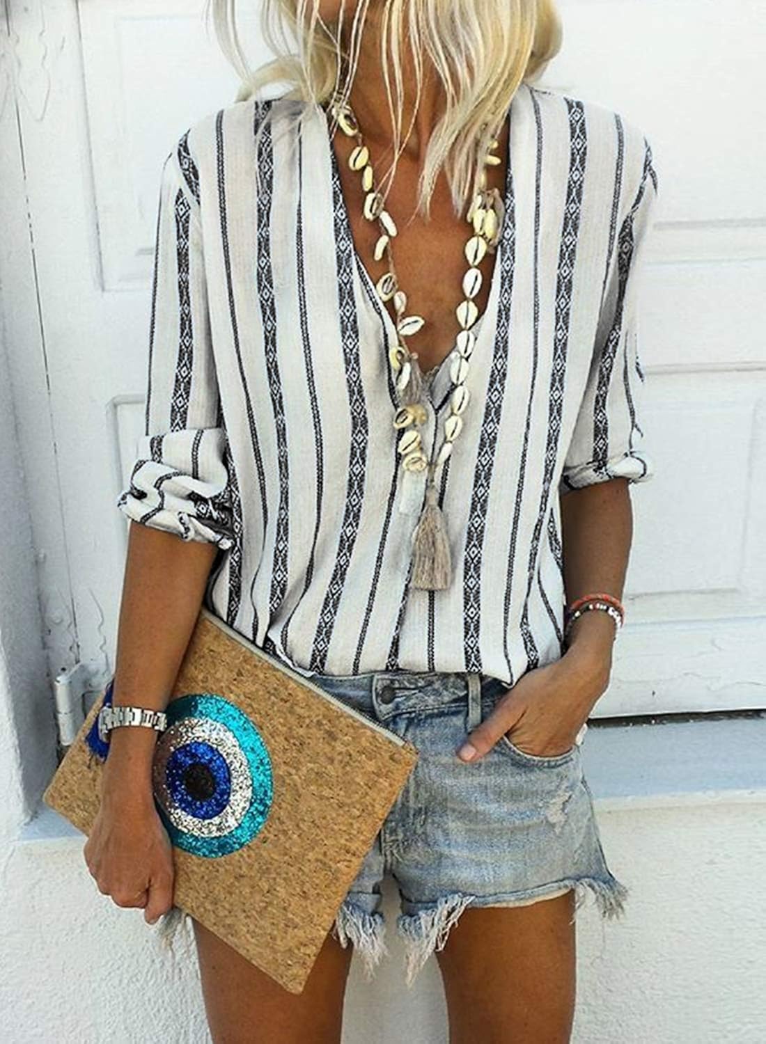 Astylish Women V Neck Striped Roll up Sleeve Button Down Blouses Tops at  Women’s Clothing store