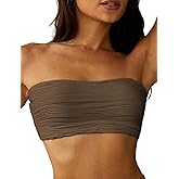 ZAFUL Women Textured Bandeau Bikini Top Lace up Strapless Swimsuit Solid Color High Cut Bathing Suits Top Only
