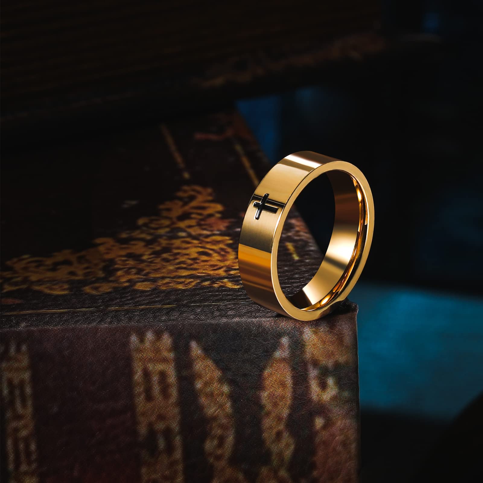 Cross Rings for Men, 18K Gold Plated Mens Rings Stainless Steel Silver Lord Prayer Jesus Christian Black Pinky Ring, Ring Size 5 to 13