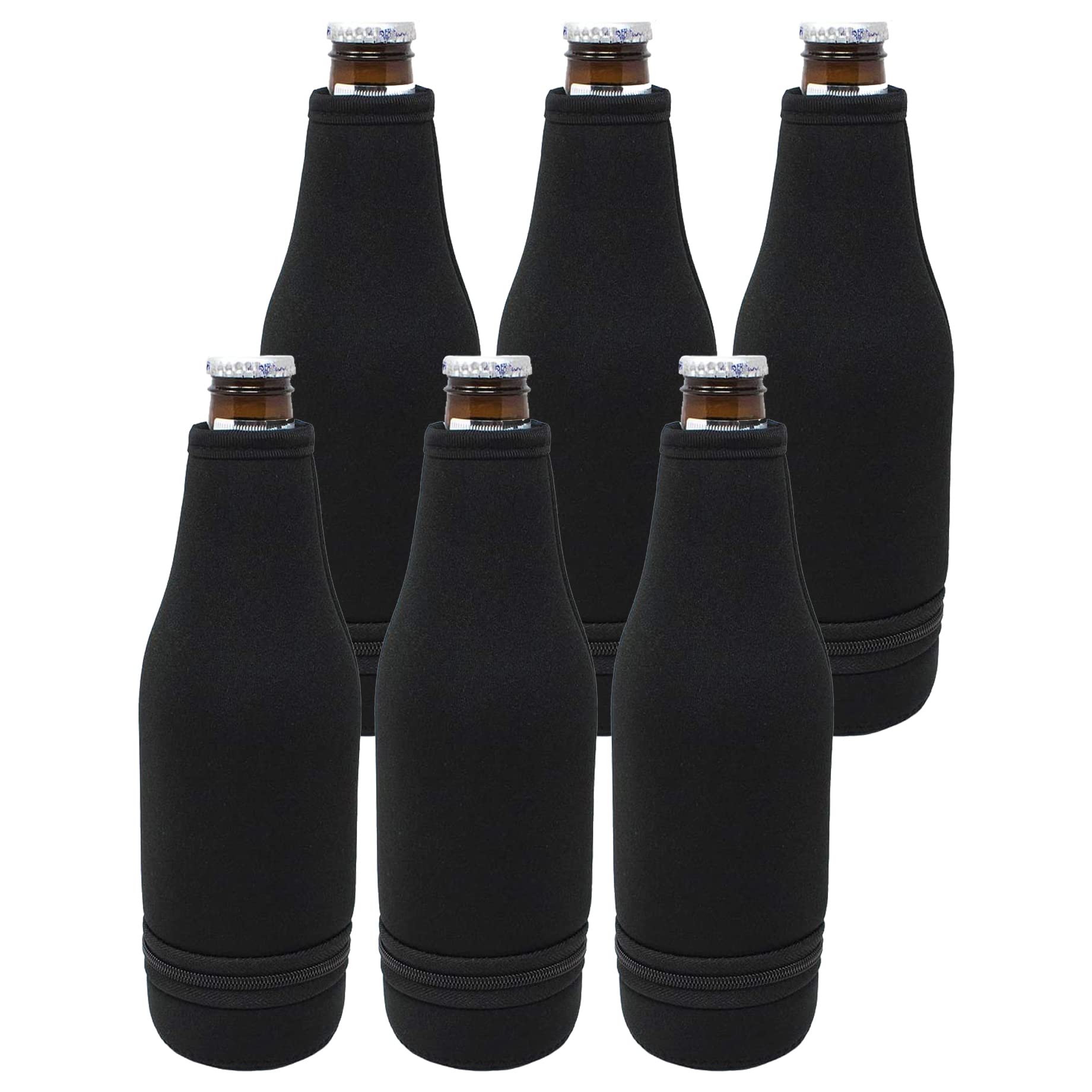 TahoeBay 12 Beer Bottle Sleeves - Easy-On Bottom Zipper - Extra Thick Neoprene Blank Drink Cooler (Black, 12)