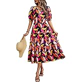 Okiwam Womens Summer Dresses 2026 Spring Casual Floral Short Sleeve Ruffle Flowy Midi Dress Boho Beach Vacation Sundress