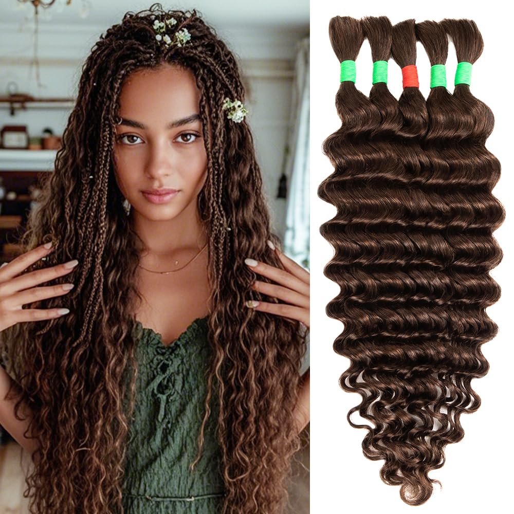 Boho Human Hair Braiding Extensions: Deep Wave Curly Bundles, No Weft, 18inch, 5 Pieces, 100g, #4 Light Brown โ image 1