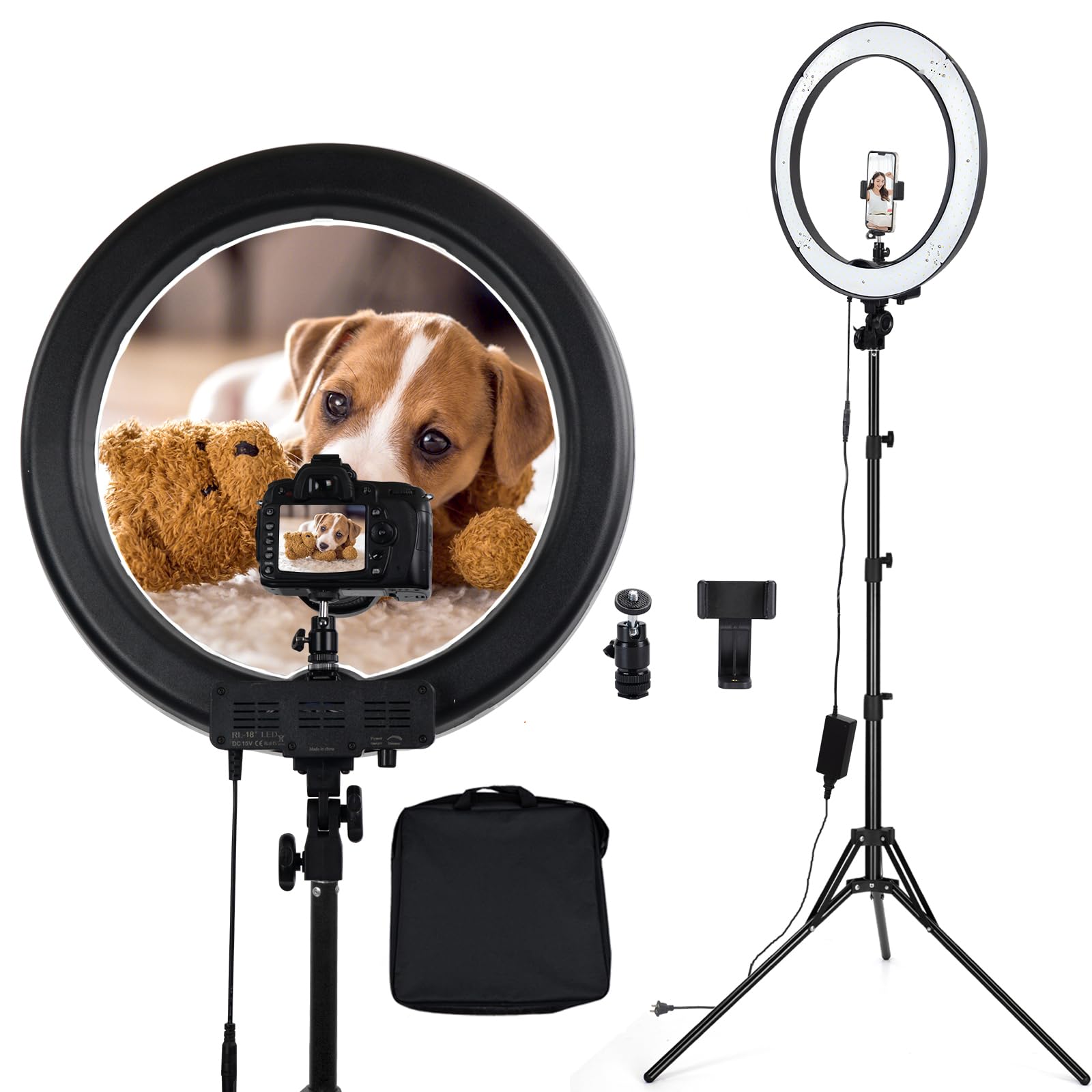 Photo 1 of 18-inch LED Ring Light with Adjustable Stand, 3200-5500K Color Temperature, USB Powered, Phone Holder, Remote Control for Photography, Makeup, YouTube Videos