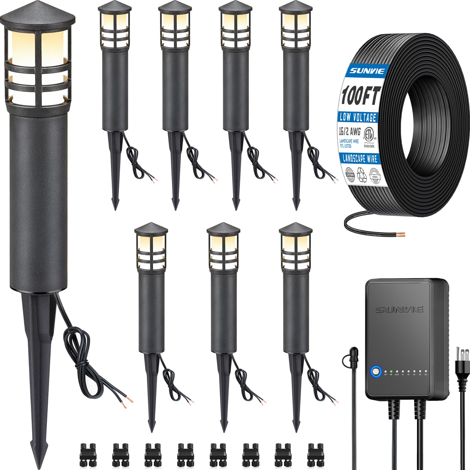 Photo 1 of SUNVIE All-in-One LED Landscape Lighting Kit, 8-Pack Low Voltage Pathway Lights with Transformer and 100FT 16/2 AWG Wire, 3000K Waterproof Landscape Lights with Connectors for Walkway Garden Yard