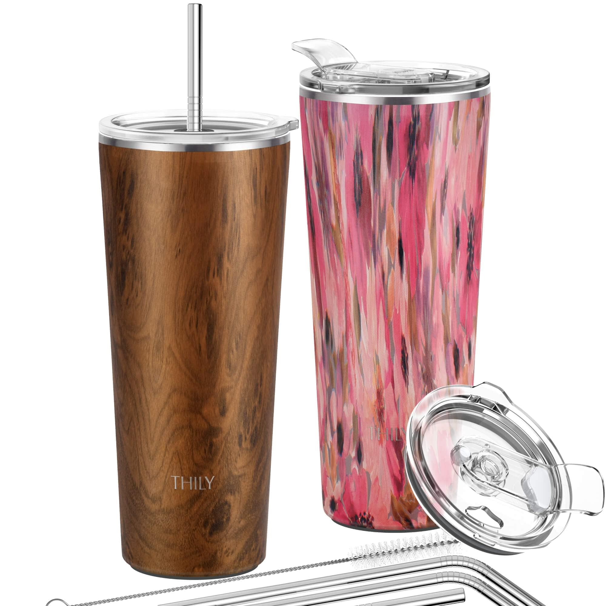 THILY Stainless Steel Vacuum Insulated Tumbler 26 oz Triple-Insulated Travel Mug with Splash-Proof Lid, for Iced Coffee and Hot Beverage, Woodgrain + Watercolor Flower
