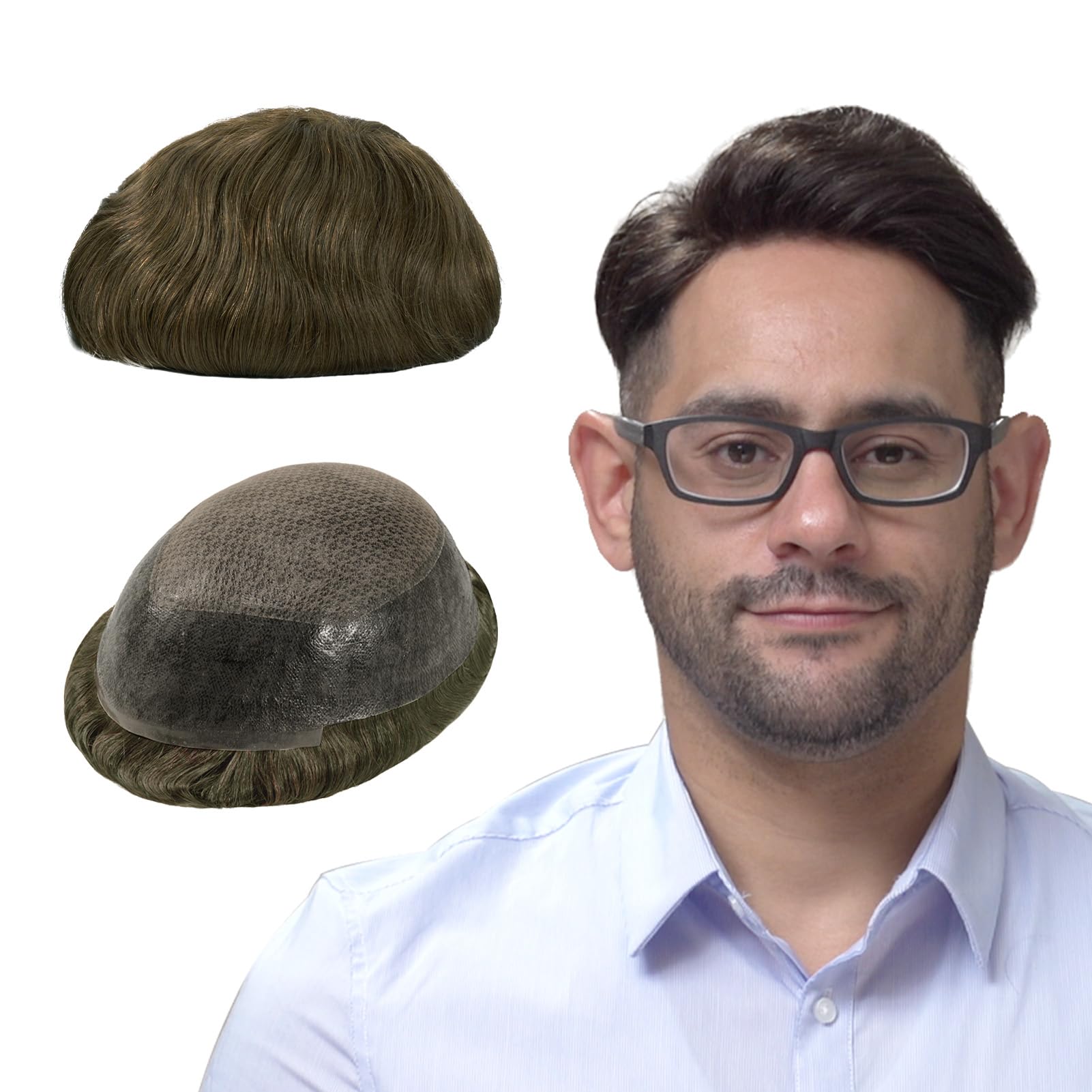 Lordhair Knotless Toupee for Men, Skin Flat Injected Human Hair System, Base Size 8x10 Inch Light Medium Density Front Contour A Shape Mens Hairpiece