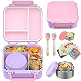 Kids Bento Lunch Box with 9oz Soup Thermo Leakproof Lunch Food Containers 4 Compartment with Insulated Hot Food Jar for Kid Toddler Girls Boys to School Trvael