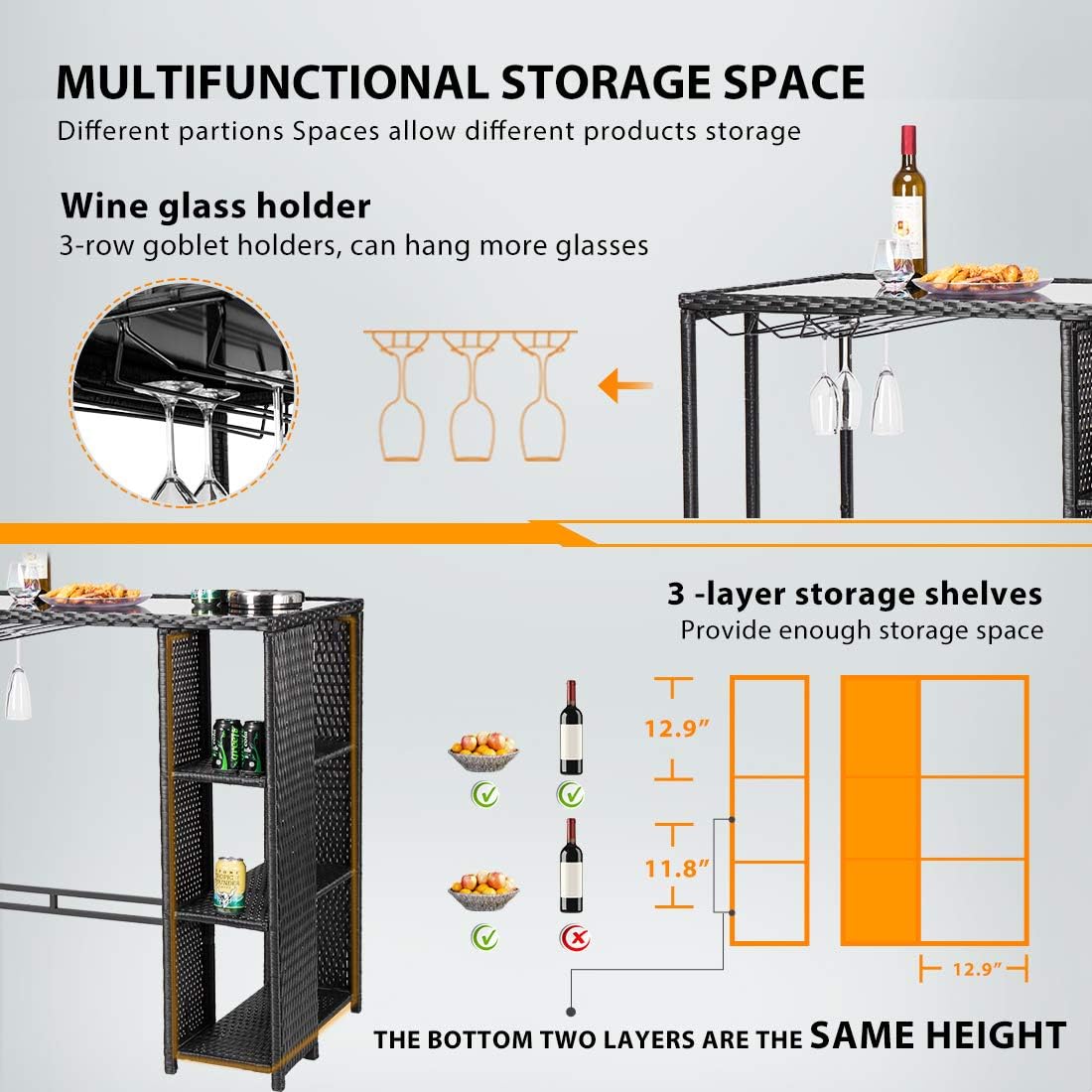 VIVOHOME Outdoor Patio Wicker Bar Table Rattan Counter Furniture with 3 Goblet Holders and 3 Storage Shelves for Lawn Garden Backyard Black: Kitchen & Dining