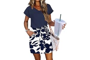 WNEEDU Women Summer Dress 2026 Causal Short Sleeve Sundress V Neck Drawstring Waist Beach Cover up Mini Dresses with Pockets