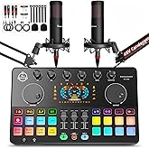 Podcast Equipment Bundle for 2, Audio Interface DJ Mixer with 48V XLR Condenser Microphone, RGB,Voice Change, for Streaming, Podcast Recording,Tiktok,PC, Smartphone COMMANDER M100 3rd
