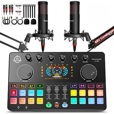 Podcast Equipment Bundle for 2, Audio Interface DJ Mixer with 48V XLR Condenser Microphone, RGB,Voice Change, for Streaming, Podcast Recording,Tiktok,PC, Smartphone COMMANDER M100 3rd