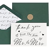 AZAZA 50 PK Thank You Cards with Envelopes,Green Envelopes and Gold Stickers Greeting,Thank You from the New Mr and Mrs Cards Bulk for Weddings,Shower,4 * 6 IN