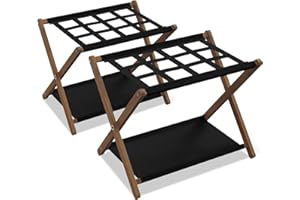XANKZI 2 PCs Luggage Rack for Guest Room, Solid Wood Suitcase Stand with Storage Shelf, Holds up to 180 LBS, Easy Assembly, Luggage Holders with Nylon Straps for Bedroom, Hotels (Walnut)