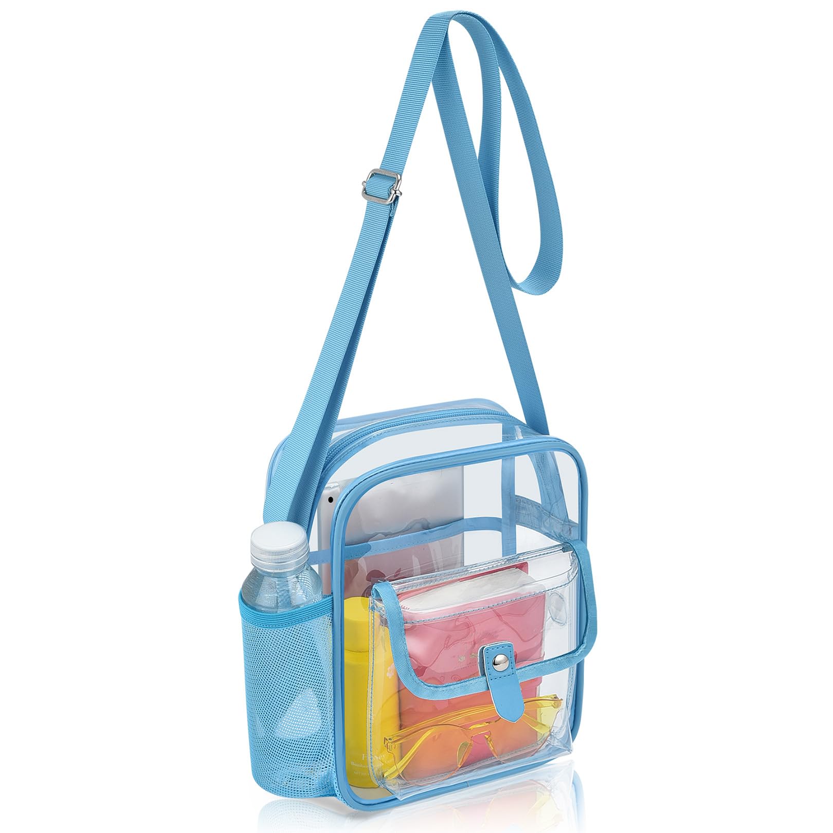 Photo 1 of SPODEARS Sky Blue Clear Crossbody Bag for Stadium Events & Concerts - 10.5"x8.5" Adjustable Shoulder Strap Plastic Purse with 1 Bottle Holder