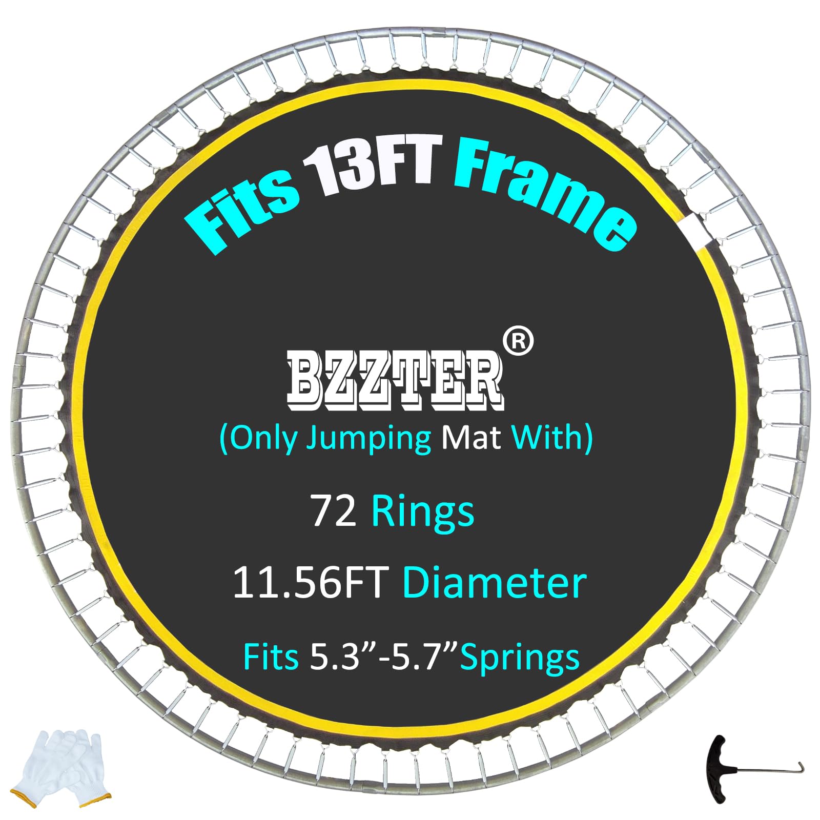 Photo 1 of Bzzter Replacement Trampoline Mat,Fits 13ft Round Frame,with 72 Rings 138.8 Inch Diameter, Fits 5.3"-5.7" Springs,10 Rows of Stitches,w/Pull Hook and Gloves?Not Include Spring and Frame
