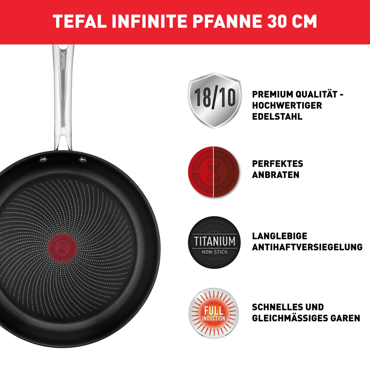 Tefal Infinite Pfanne Induktion 30 cm, Bratpfanne mit Antihaftversiegelung, Thermo-Signal bei idealer Brattemperatur, einfache Reinigung, für alle Herdarten geeignet, Premium-Edelstahl, H81507 2