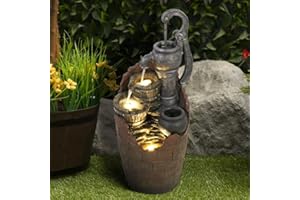 watnature 32.6” Tall Barrel Fountain with Adjustable Pump - 4-Tier Cascading Water Fountain Outdoor with LED Light&Charming Water Feature, Rustic Style Garden Waterfall Fountain for Indoor, Outdoor