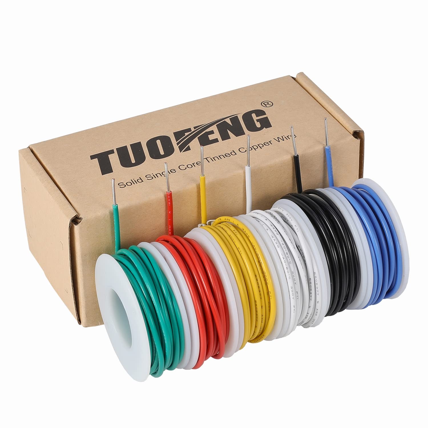 TUOFENG 16 awg Wire Solid Core Hookup Wires,6 Different Colored Jumper Wire 13.2ft or 4m Each, 16 Gauge Tinned Copper Wires PVC (OD: 2.3mm) for DIY — image 1