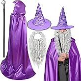 Sibosen 4 PCS Halloween Wizard Costume Set Includes Wizard Hat Cloak Wig Beard Wand Adult Purple Wizard Costume for Men Adults