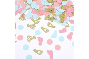 MARFOREVER 350 Pieces Gender Reveal Confetti Baby Shower Decoration Pink Blue Gold Round Glitter Confetti Oh Baby Footprints Table Paper Confetti for Gender Reveal Party Table Wedding Decor