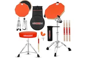 5 CORE Drum Throne Padded Guitar Stool Height Adjustable Music Chair + Drum Practice Pad Set 12" Adjustable Snare Drumming Stand Double Sided Silent Drummer Kit DS CH ORG + DPAD Combo ORG