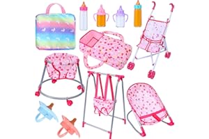 Glimin 12 Pcs Baby Doll Accessories Set Baby Doll Stroller Crib Bouncer Seat Walkers Handbags Swing Doll Magic Bottle Set Disappearing Magic Bottles Feeding Set Stuff for Girls Christmas Birthday Gift