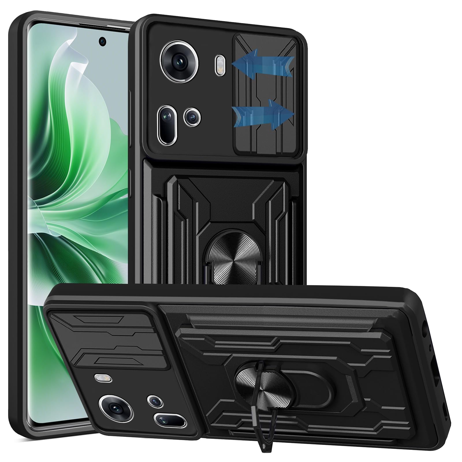 KZIOACSH Case for OPPO Reno 11 5G, Military Grade Drop Protection Phone Case [360°Rotate Magnetic Ring Stand][Slide Camera Lens][Removable Card Holder] Anti-Scratch Hybrid Bumper Cover, Black