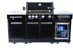Mont Alpi MA-957FCNG 32-inch 5-Burner 63000 BTU Black Stainless Steel Outdoor Kitchen Island with Refrigerator + Natural Gas Conversion Kit + Grill Cover + Rotisserie Kit + Granite Countertops