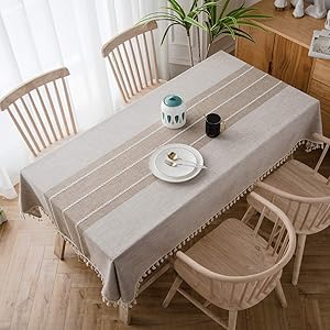 TEWENE Tablecloth, Rectangle Table Cloth Cotton Linen Wrinkle Free Anti-Fading Tablecloths Embroidery Tassel Table Cover for Dining Kitchen (Rectangle/Oblong, 55''x102'',8-10 Seats, Light Coffee)