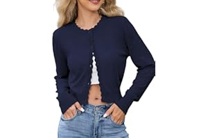 Lyrur Women's Scalloped Crewneck Cropped Cardigan Sweaters Long Sleeve Button Down Knit Bolero Shrug