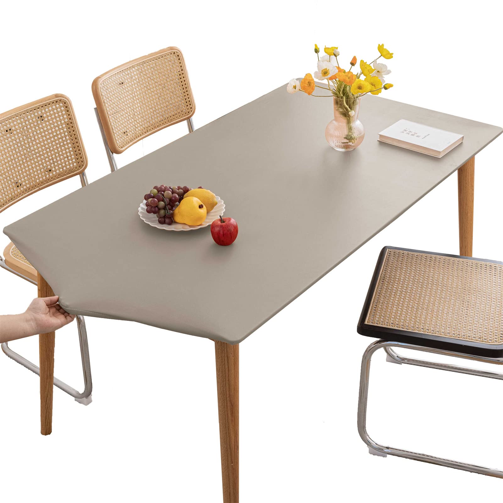 Waterproof Tablecloth Outdoor Rectangle Tablecloth Leather,Elastic Edged Fitted Vinyl Table Cover for 8 Foot Tables,Wipeable Oil-proof Table Cloth PVC Table Protector Cover-Gray||8FT 244x75CM